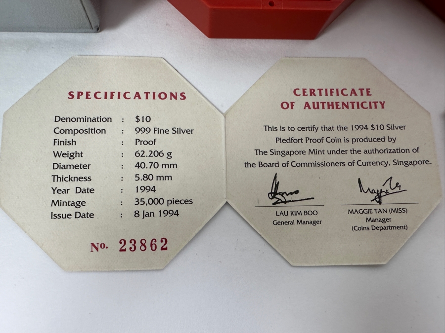 Rare Pair Of Limited Edition .999 Fine Silver 1994 $10 Silver Piedfort 2oz Proof Coins Produced By The Singapore Mint Year Of The Dog Limited To 35,000 Pieces Total Pure Silver Weight Of 124.412g [Photo 6]