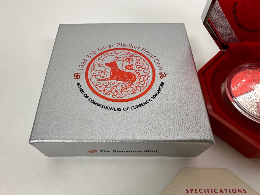 Rare Pair Of Limited Edition .999 Fine Silver 1994 $10 Silver Piedfort 2oz Proof Coins Produced By The Singapore Mint Year Of The Dog Limited To 35,000 Pieces Total Pure Silver Weight Of 124.412g [Photo 8]