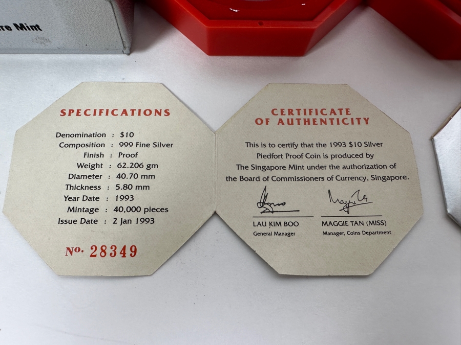 Rare Pair Of Limited Edition .999 Fine Silver 1993 $10 Silver Piedfort 2oz Proof Coins Produced By The Singapore Mint Year Of Rooster Limited To 40,000 Pieces Total Pure Silver Weight Of 124.412g [Photo 5]