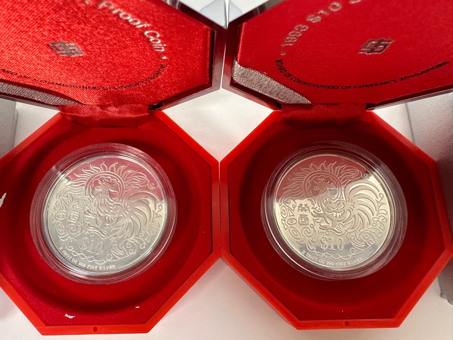 Rare Pair Of Limited Edition .999 Fine Silver 1993 $10 Silver Piedfort 2oz Proof Coins Produced By The Singapore Mint Year Of Rooster Limited To 40,000 Pieces Total Pure Silver Weight Of 124.412g [Photo 2]