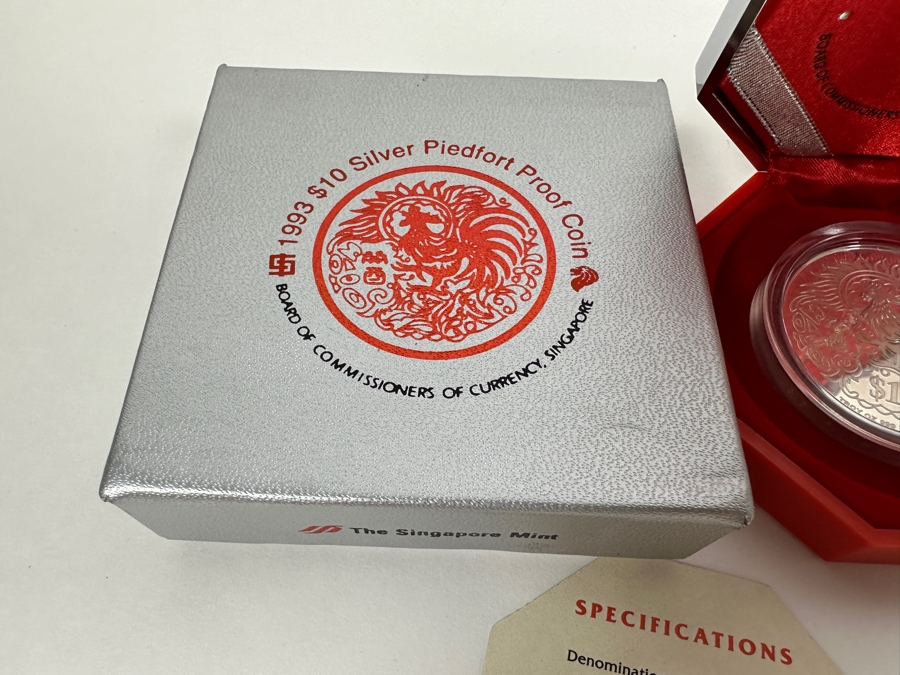 Rare Pair Of Limited Edition .999 Fine Silver 1993 $10 Silver Piedfort 2oz Proof Coins Produced By The Singapore Mint Year Of Rooster Limited To 40,000 Pieces Total Pure Silver Weight Of 124.412g [Photo 8]