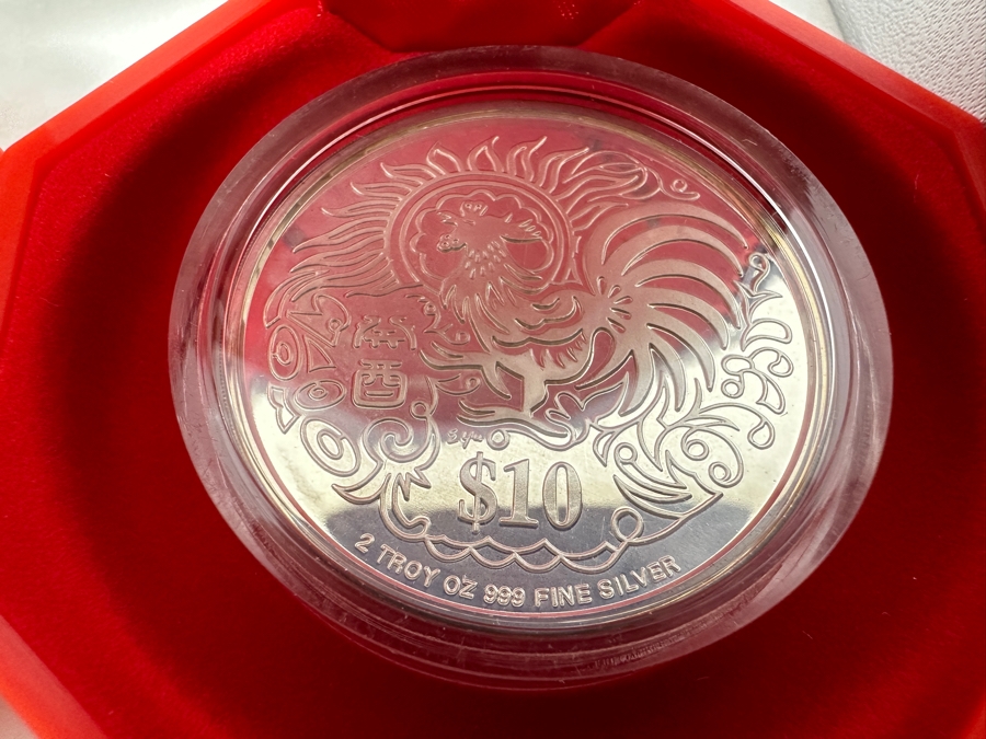 Rare Pair Of Limited Edition .999 Fine Silver 1993 $10 Silver Piedfort 2oz Proof Coins Produced By The Singapore Mint Year Of Rooster Limited To 40,000 Pieces Total Pure Silver Weight Of 124.412g [Photo 4]