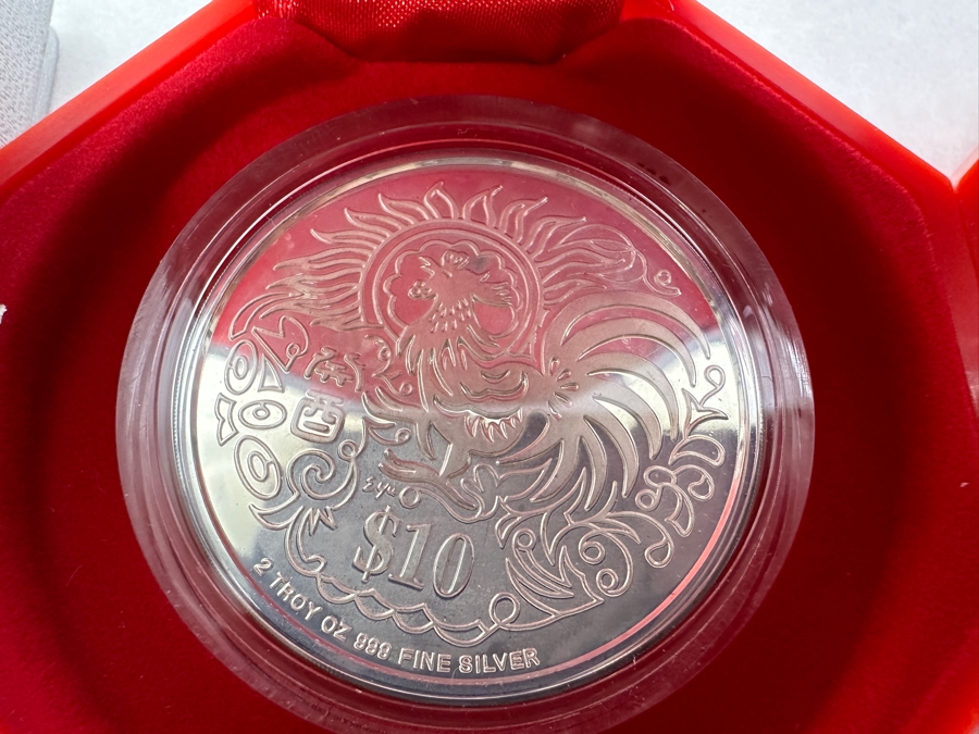 Rare Pair Of Limited Edition .999 Fine Silver 1993 $10 Silver Piedfort 2oz Proof Coins Produced By The Singapore Mint Year Of Rooster Limited To 40,000 Pieces Total Pure Silver Weight Of 124.412g [Photo 3]