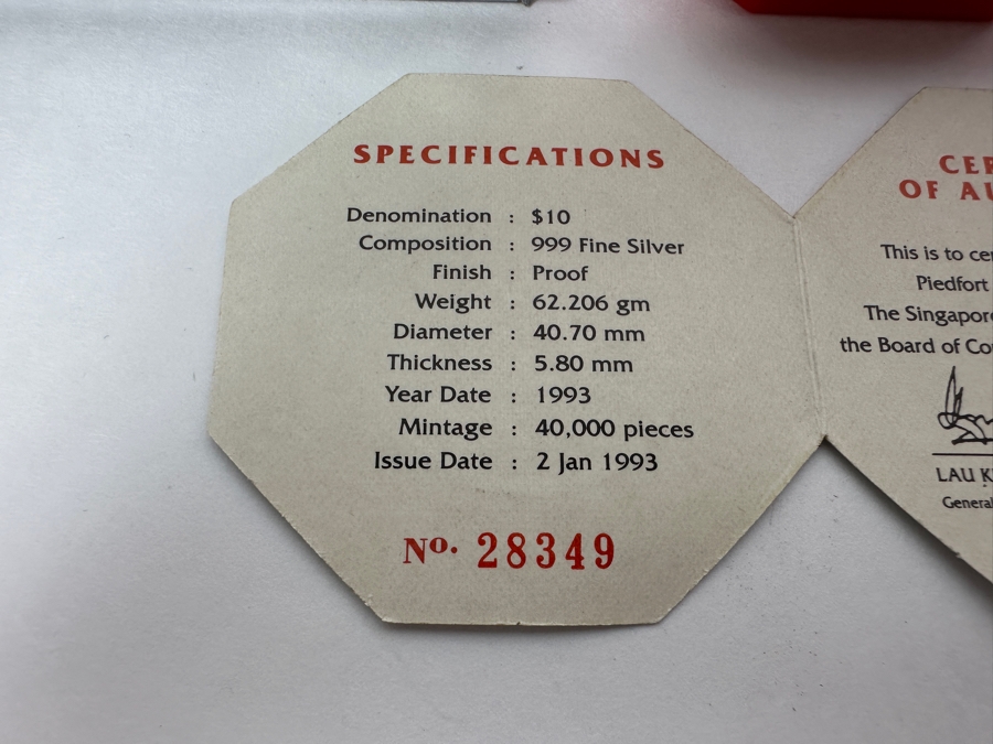 Rare Pair Of Limited Edition .999 Fine Silver 1993 $10 Silver Piedfort 2oz Proof Coins Produced By The Singapore Mint Year Of Rooster Limited To 40,000 Pieces Total Pure Silver Weight Of 124.412g [Photo 6]