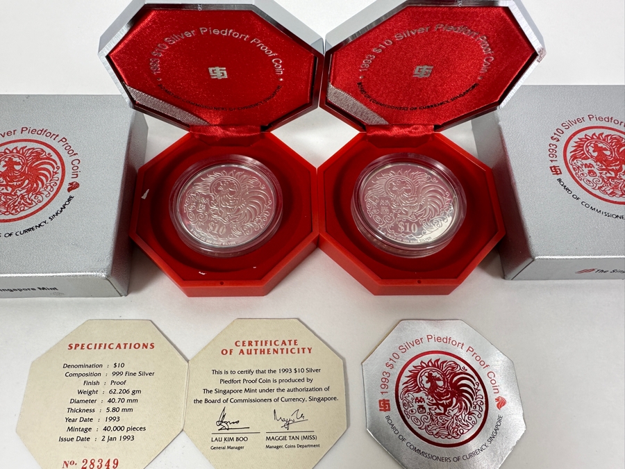 Rare Pair Of Limited Edition .999 Fine Silver 1993 $10 Silver Piedfort 2oz Proof Coins Produced By The Singapore Mint Year Of Rooster Limited To 40,000 Pieces Total Pure Silver Weight Of 124.412g