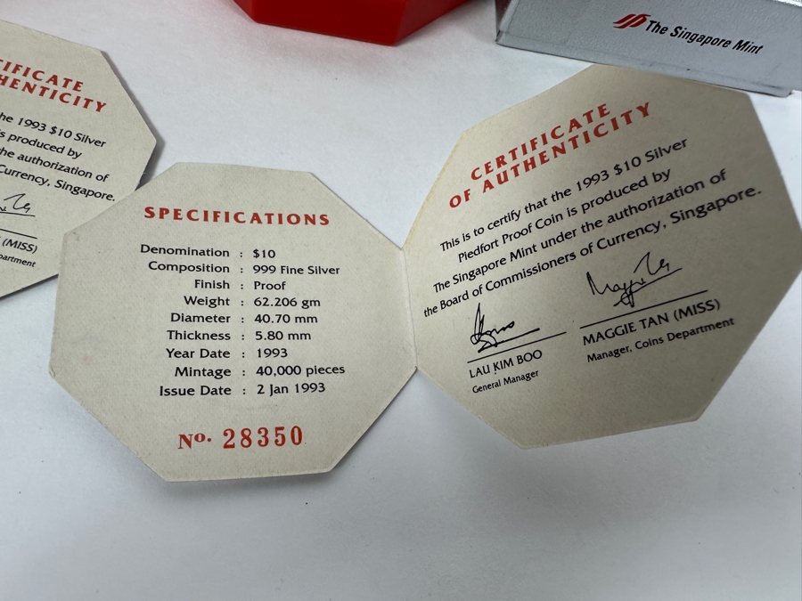 Rare Pair Of Limited Edition .999 Fine Silver 1993 $10 Silver Piedfort 2oz Proof Coins Produced By The Singapore Mint Year Of Rooster Limited To 40,000 Pieces Total Pure Silver Weight Of 124.412g [Photo 7]