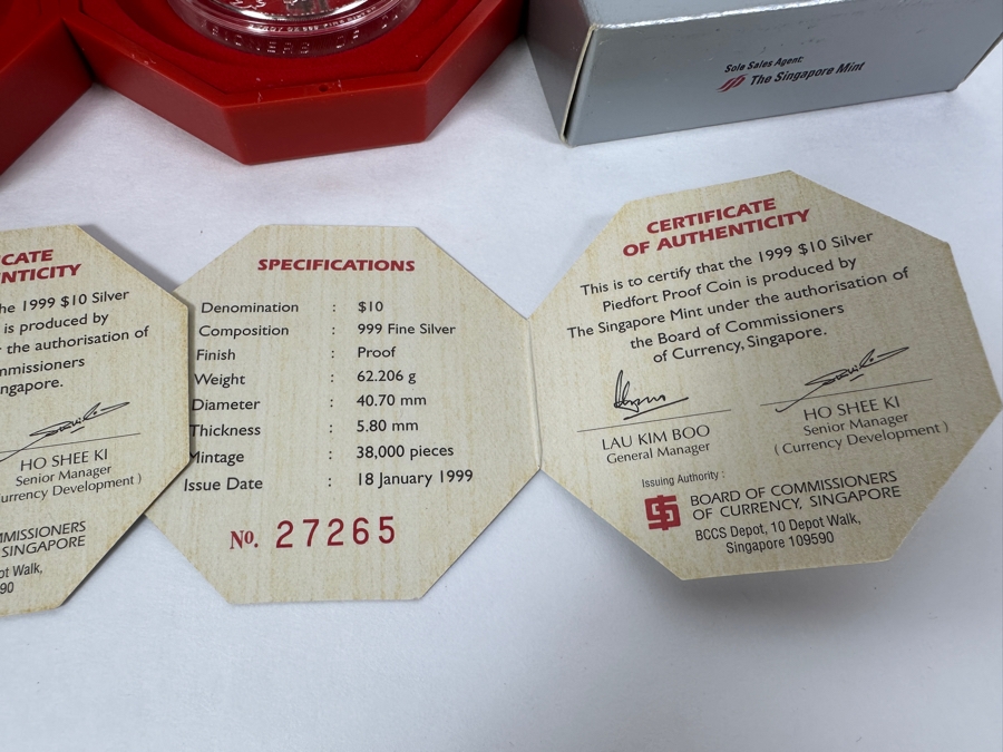 Rare Pair Of Limited Edition .999 Fine Silver 1999 $10 Silver Piedfort 2oz Proof Coins Produced By The Singapore Mint Year Of Rabbit Limited To 38,000 Pieces Total Pure Silver Weight Of 124.412g [Photo 8]