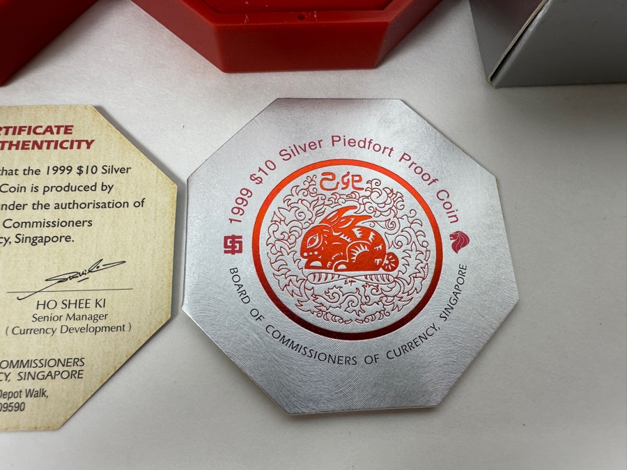Rare Pair Of Limited Edition .999 Fine Silver 1999 $10 Silver Piedfort 2oz Proof Coins Produced By The Singapore Mint Year Of Rabbit Limited To 38,000 Pieces Total Pure Silver Weight Of 124.412g [Photo 6]