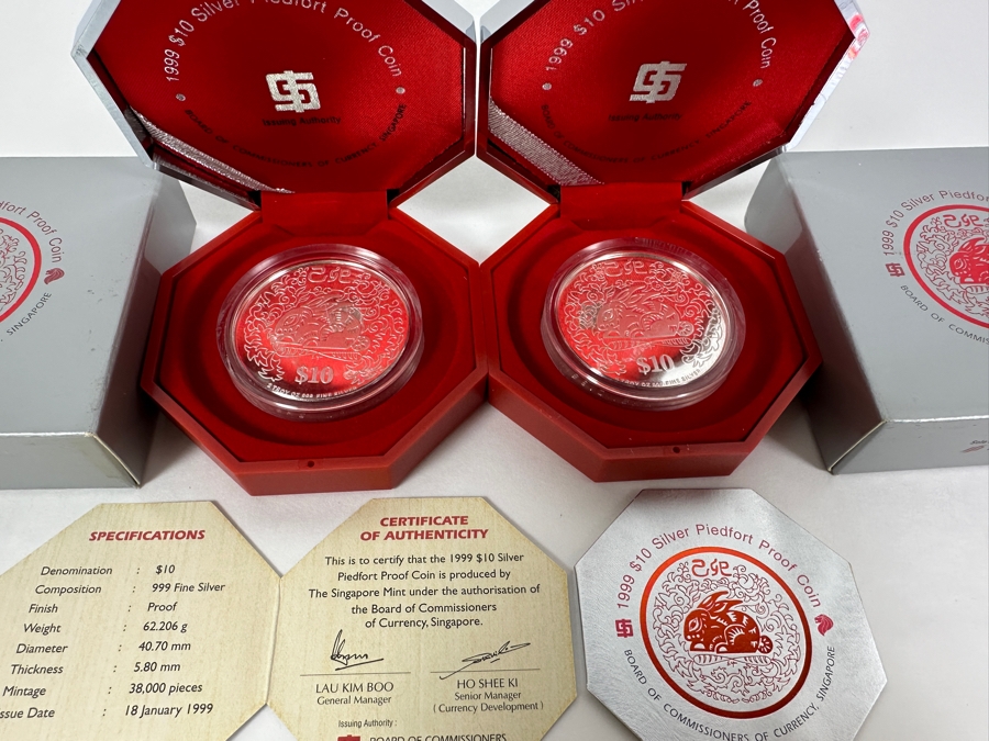 Rare Pair Of Limited Edition .999 Fine Silver 1999 $10 Silver Piedfort 2oz Proof Coins Produced By The Singapore Mint Year Of Rabbit Limited To 38,000 Pieces Total Pure Silver Weight Of 124.412g