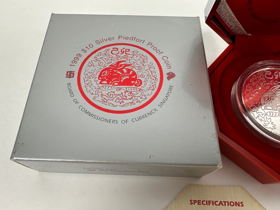 Rare Pair Of Limited Edition .999 Fine Silver 1999 $10 Silver Piedfort 2oz Proof Coins Produced By The Singapore Mint Year Of Rabbit Limited To 38,000 Pieces Total Pure Silver Weight Of 124.412g [Photo 7]