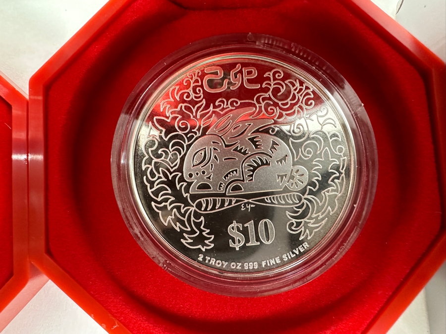 Rare Pair Of Limited Edition .999 Fine Silver 1999 $10 Silver Piedfort 2oz Proof Coins Produced By The Singapore Mint Year Of Rabbit Limited To 38,000 Pieces Total Pure Silver Weight Of 124.412g [Photo 3]