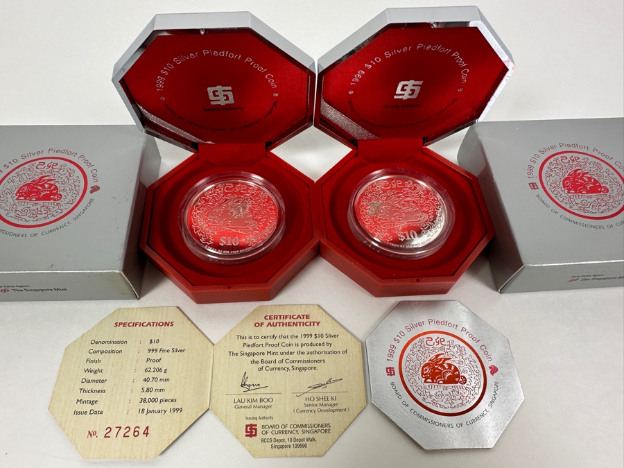 Rare Pair Of Limited Edition .999 Fine Silver 1999 $10 Silver Piedfort 2oz Proof Coins Produced By The Singapore Mint Year Of Rabbit Limited To 38,000 Pieces Total Pure Silver Weight Of 124.412g [Photo 2]