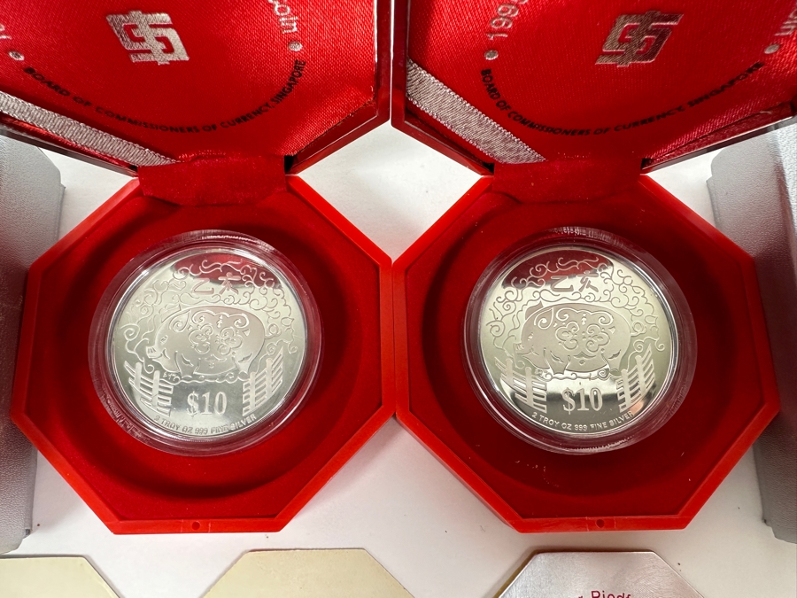 Rare Pair Of Limited Edition .999 Fine Silver 1995 $10 Silver Piedfort 2oz Proof Coins Produced By The Singapore Mint Year Of Pig Limited To 35,000 Pieces Total Pure Silver Weight Of 124.412g [Photo 3]