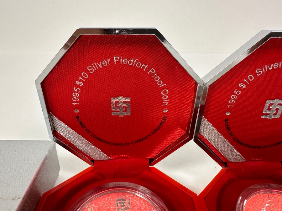 Rare Pair Of Limited Edition .999 Fine Silver 1995 $10 Silver Piedfort 2oz Proof Coins Produced By The Singapore Mint Year Of Pig Limited To 35,000 Pieces Total Pure Silver Weight Of 124.412g [Photo 6]