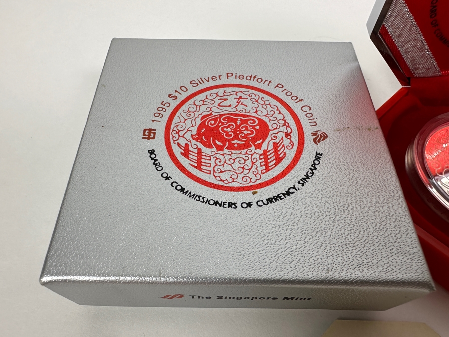 Rare Pair Of Limited Edition .999 Fine Silver 1995 $10 Silver Piedfort 2oz Proof Coins Produced By The Singapore Mint Year Of Pig Limited To 35,000 Pieces Total Pure Silver Weight Of 124.412g [Photo 8]