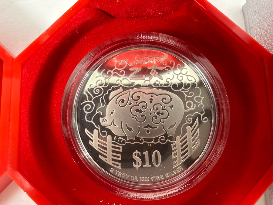 Rare Pair Of Limited Edition .999 Fine Silver 1995 $10 Silver Piedfort 2oz Proof Coins Produced By The Singapore Mint Year Of Pig Limited To 35,000 Pieces Total Pure Silver Weight Of 124.412g [Photo 4]