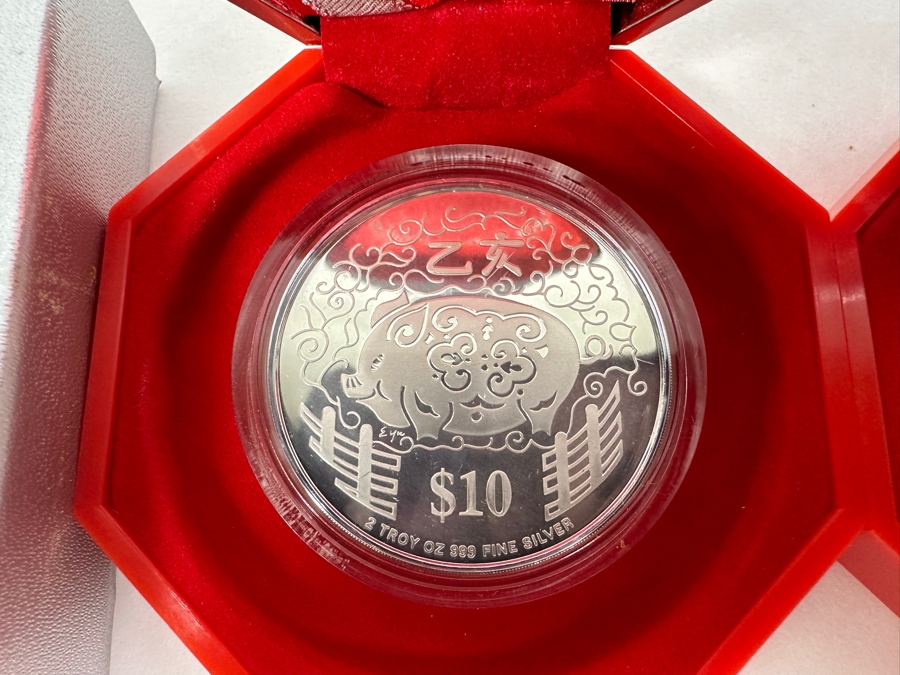 Rare Pair Of Limited Edition .999 Fine Silver 1995 $10 Silver Piedfort 2oz Proof Coins Produced By The Singapore Mint Year Of Pig Limited To 35,000 Pieces Total Pure Silver Weight Of 124.412g [Photo 5]