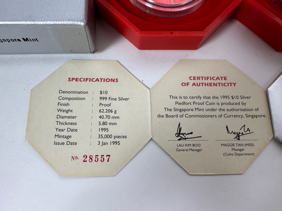 Rare Pair Of Limited Edition .999 Fine Silver 1995 $10 Silver Piedfort 2oz Proof Coins Produced By The Singapore Mint Year Of Pig Limited To 35,000 Pieces Total Pure Silver Weight Of 124.412g [Photo 7]