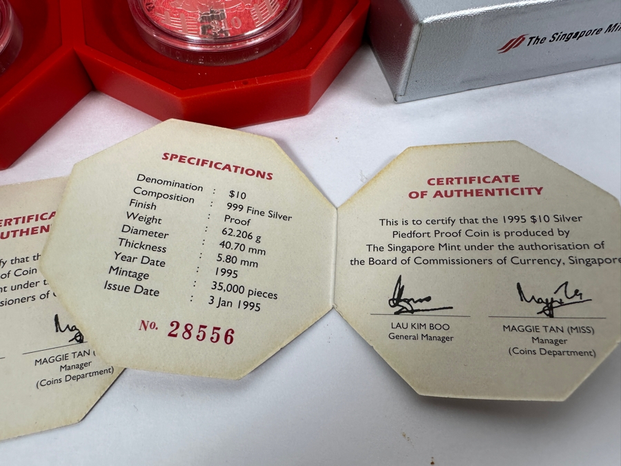 Rare Pair Of Limited Edition .999 Fine Silver 1995 $10 Silver Piedfort 2oz Proof Coins Produced By The Singapore Mint Year Of Pig Limited To 35,000 Pieces Total Pure Silver Weight Of 124.412g [Photo 9]
