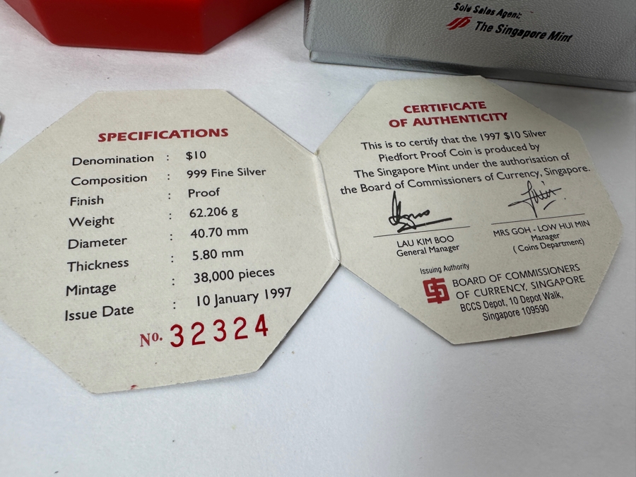 Rare Pair Of Limited Edition .999 Fine Silver 1997 $10 Silver Piedfort 2oz Proof Coins Produced By The Singapore Mint Year Of Ox Limited To 38,000 Pieces Total Pure Silver Weight Of 124.412g [Photo 8]