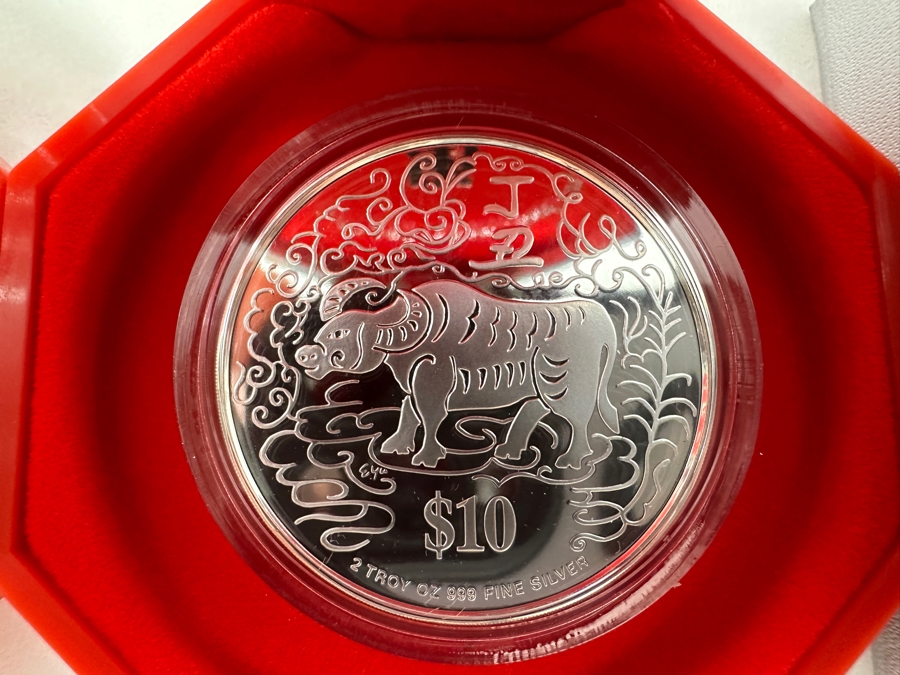 Rare Pair Of Limited Edition .999 Fine Silver 1997 $10 Silver Piedfort 2oz Proof Coins Produced By The Singapore Mint Year Of Ox Limited To 38,000 Pieces Total Pure Silver Weight Of 124.412g [Photo 3]