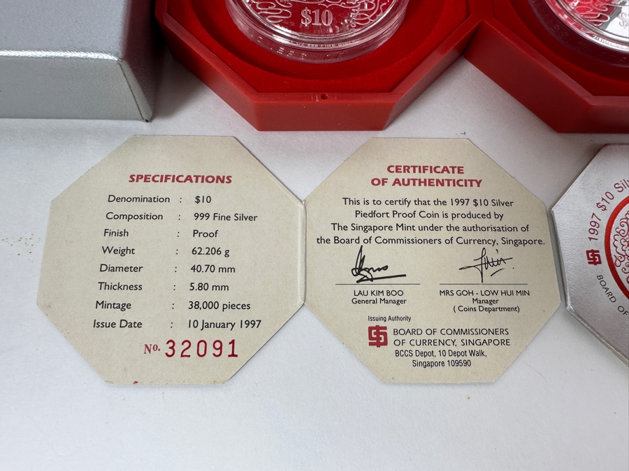Rare Pair Of Limited Edition .999 Fine Silver 1997 $10 Silver Piedfort 2oz Proof Coins Produced By The Singapore Mint Year Of Ox Limited To 38,000 Pieces Total Pure Silver Weight Of 124.412g [Photo 6]