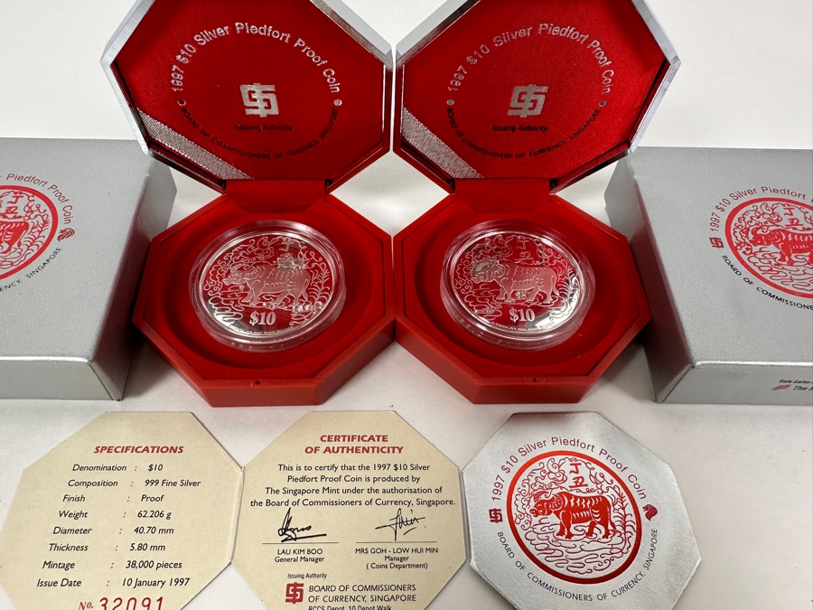 Rare Pair Of Limited Edition .999 Fine Silver 1997 $10 Silver Piedfort 2oz Proof Coins Produced By The Singapore Mint Year Of Ox Limited To 38,000 Pieces Total Pure Silver Weight Of 124.412g