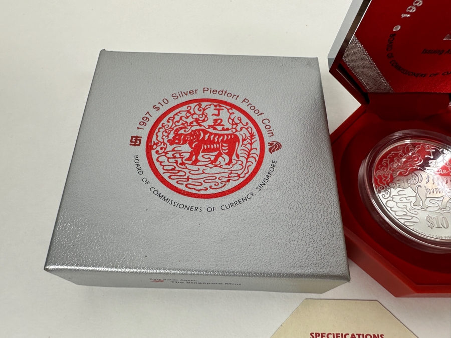 Rare Pair Of Limited Edition .999 Fine Silver 1997 $10 Silver Piedfort 2oz Proof Coins Produced By The Singapore Mint Year Of Ox Limited To 38,000 Pieces Total Pure Silver Weight Of 124.412g [Photo 7]