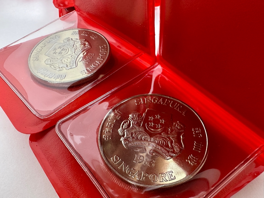 Uncirculated Singapore $10 Dollar Coins: 2 x (1980, 1981, 1982, 1983, 1984, 1985): Total Of 12 Singapore $10 Dollar Coins Composition Nickel 28g Each [Photo 10]