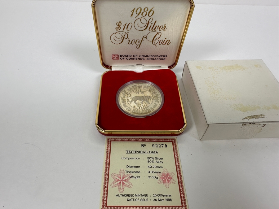 Rare 1986 Singapore $10 Dollar Silver Proof Coin .500 Silver 31.1g Limited To 20,000 Year Of The Tiger [Photo 2]