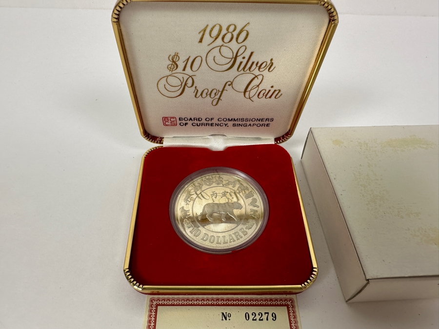 Rare 1986 Singapore $10 Dollar Silver Proof Coin .500 Silver 31.1g Limited To 20,000 Year Of The Tiger [Photo 1]