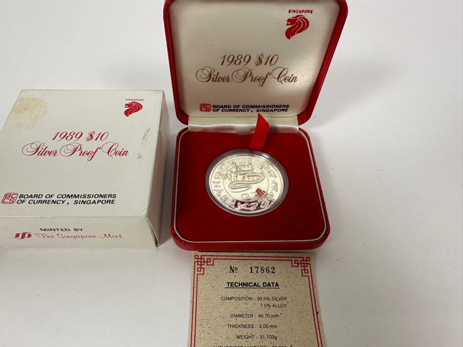 Rare 1989 Singapore $10 Dollar Silver Proof Coin 92.5% Sterling Silver 31.1g Limited To 25,000 Year Of The Snake [Photo 1]
