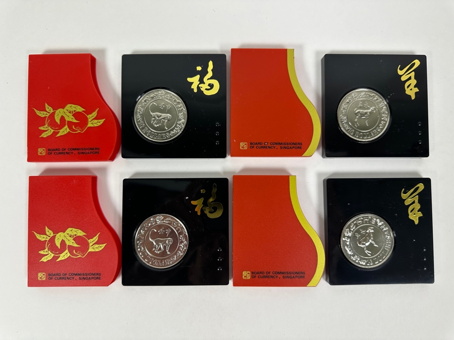 Uncirculated Singapore $10 Coins: 2 X 1991 Year Of The Goat And 2 X 1992 Year Of The Monkey - 4 Coins [Photo 1]