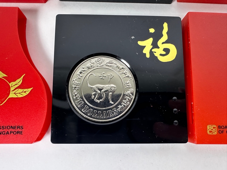 Uncirculated Singapore $10 Coins: 2 X 1991 Year Of The Goat And 2 X 1992 Year Of The Monkey - 4 Coins [Photo 4]