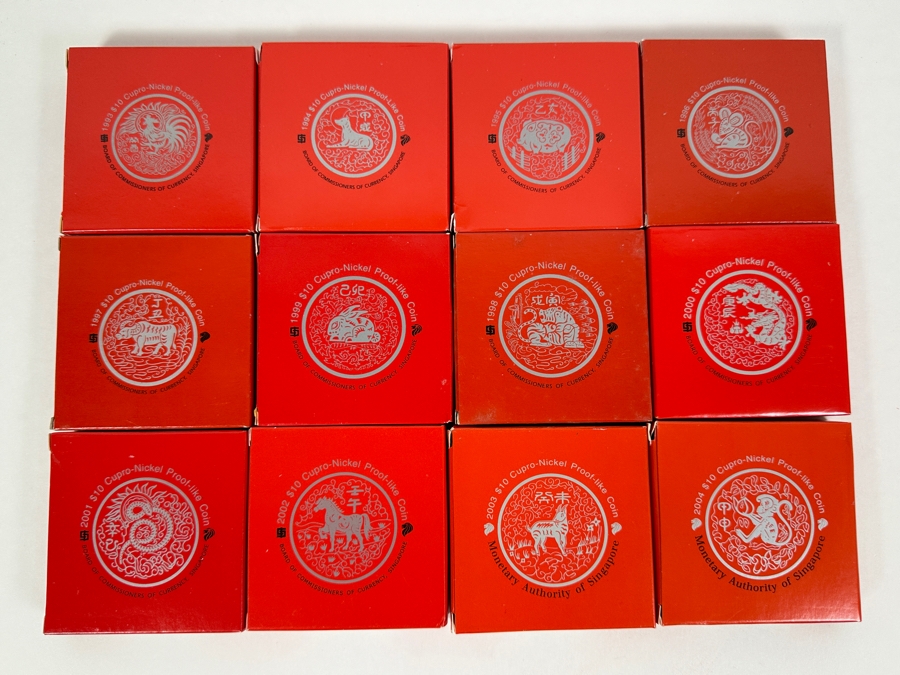 Singapore $10 Dollar Proof-Like Coins From 1993-2004: 1993,94,95,96,97,98,99,00,01,02,03,2004 Monetary Authority Of Singapore - 12 Coins Copper-Nickel Composition [Photo 2]