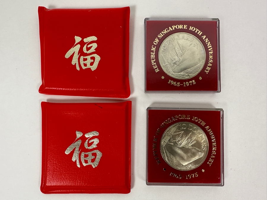 Rare Pair Of 1975 Singapore $10 Dollar Silver Coin Republic Of Singapore 10th Anniversary Of Independence 1965-1975 .500 Fineness 31.1g [Photo 2]