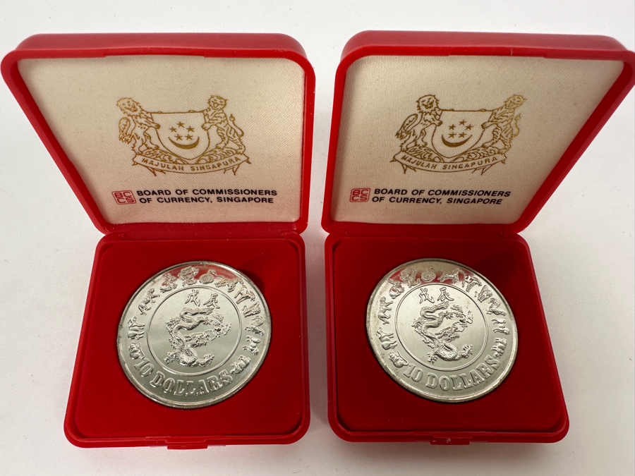 Pair Of 1988 Singapore $10 Dollar Coins Year Of The Dragon Nickel Composition [Photo 1]