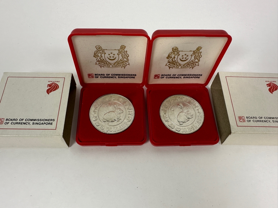 Pair Of 1987 Singapore $10 Dollar Coins Year Of The Rabbit Nickel Composition [Photo 1]