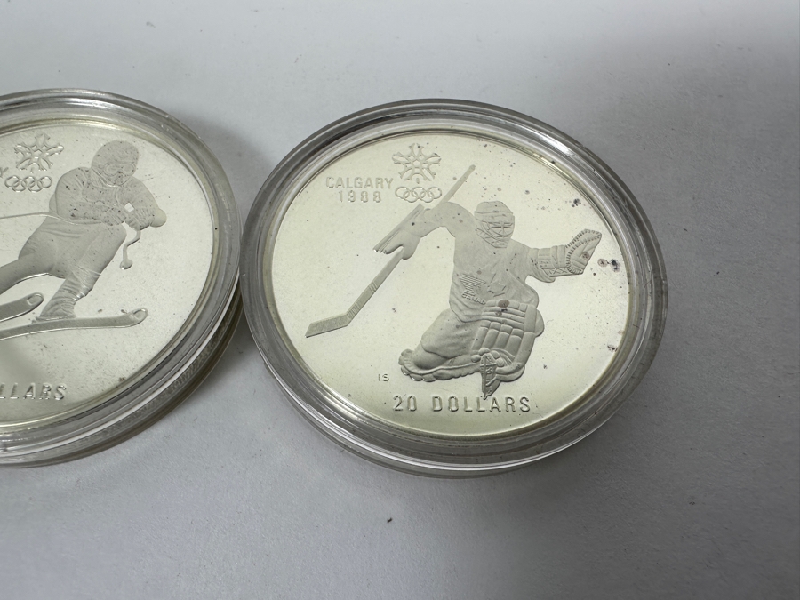 Pair Of 1988 Canada $20 Dollar Silver Coins Commemorating The Calgary Winter Olympics By The Royal Canadian Mint .925 Sterling Silver 34.07g Each - 68.14g Total Sterling Weight [Photo 3]