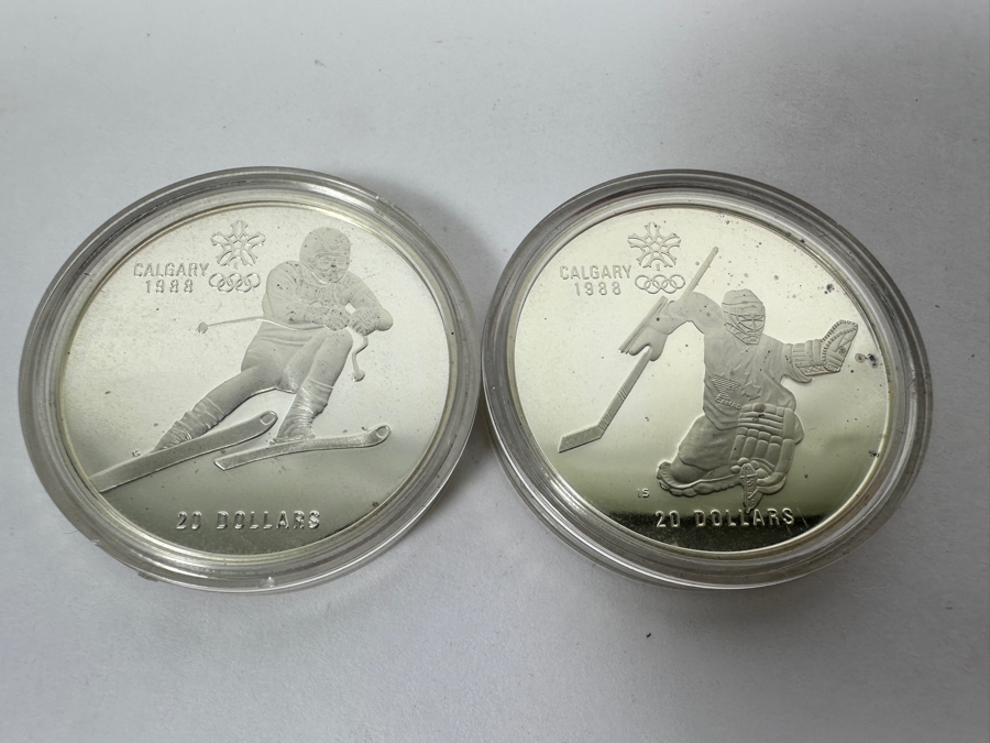 Pair Of 1988 Canada $20 Dollar Silver Coins Commemorating The Calgary Winter Olympics By The Royal Canadian Mint .925 Sterling Silver 34.07g Each - 68.14g Total Sterling Weight [Photo 1]