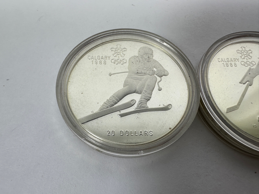 Pair Of 1988 Canada $20 Dollar Silver Coins Commemorating The Calgary Winter Olympics By The Royal Canadian Mint .925 Sterling Silver 34.07g Each - 68.14g Total Sterling Weight [Photo 2]