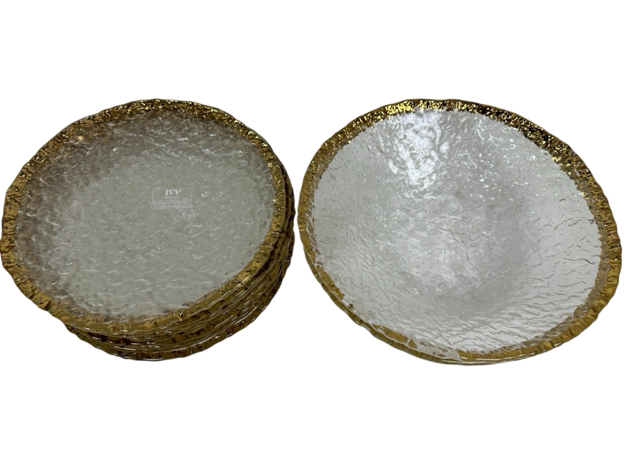 Hand Painted Gold Rim Glass (11) 11' Plates And (1) Large 13' Bowl IVV Made In Italy [Photo 2]