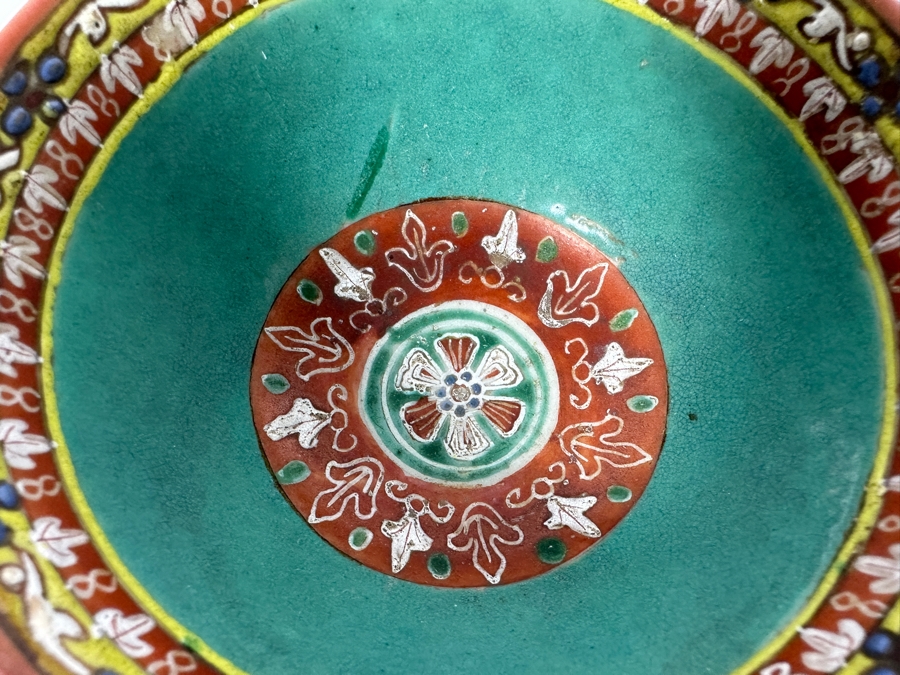 Antique Chinese Hand Painted Thai Benjarong Polychrome Porcelain Bowl With Wooden Stand 4.25W X 2.25H [Photo 9]