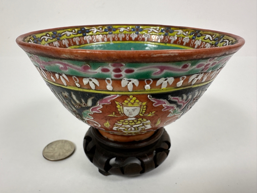 Antique Chinese Hand Painted Thai Benjarong Polychrome Porcelain Bowl With Wooden Stand 4.25W X 2.25H [Photo 2]