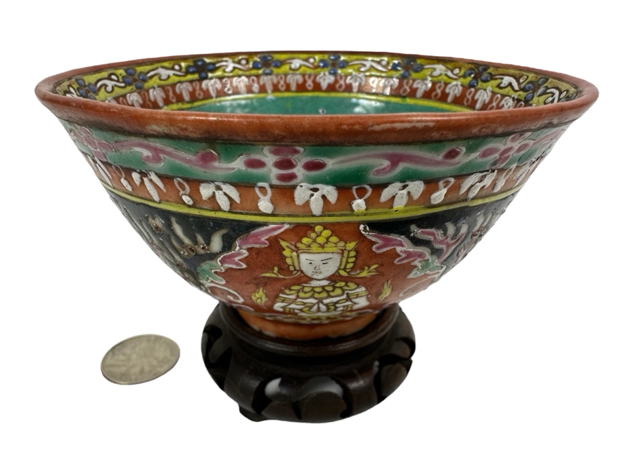 Antique Chinese Hand Painted Thai Benjarong Polychrome Porcelain Bowl With Wooden Stand 4.25W X 2.25H [Photo 1]