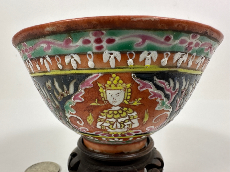 Antique Chinese Hand Painted Thai Benjarong Polychrome Porcelain Bowl With Wooden Stand 4.25W X 2.25H [Photo 4]
