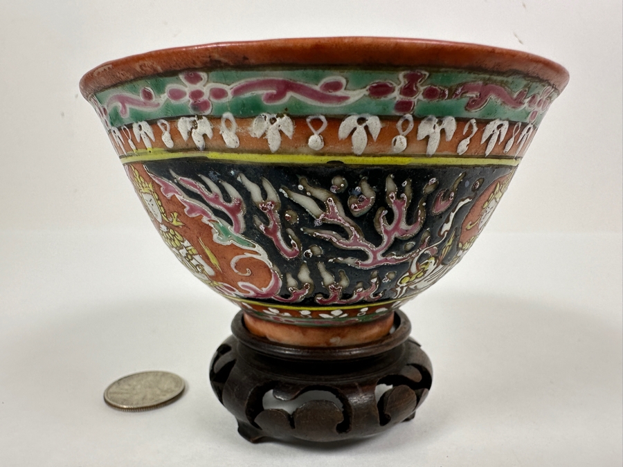 Antique Chinese Hand Painted Thai Benjarong Polychrome Porcelain Bowl With Wooden Stand 4.25W X 2.25H [Photo 5]