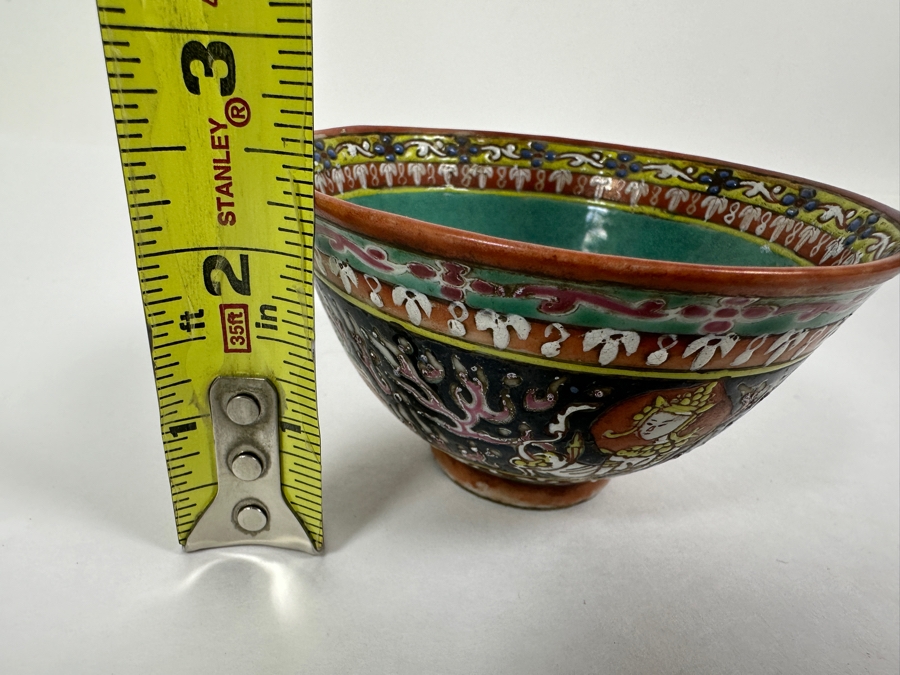 Antique Chinese Hand Painted Thai Benjarong Polychrome Porcelain Bowl With Wooden Stand 4.25W X 2.25H [Photo 13]