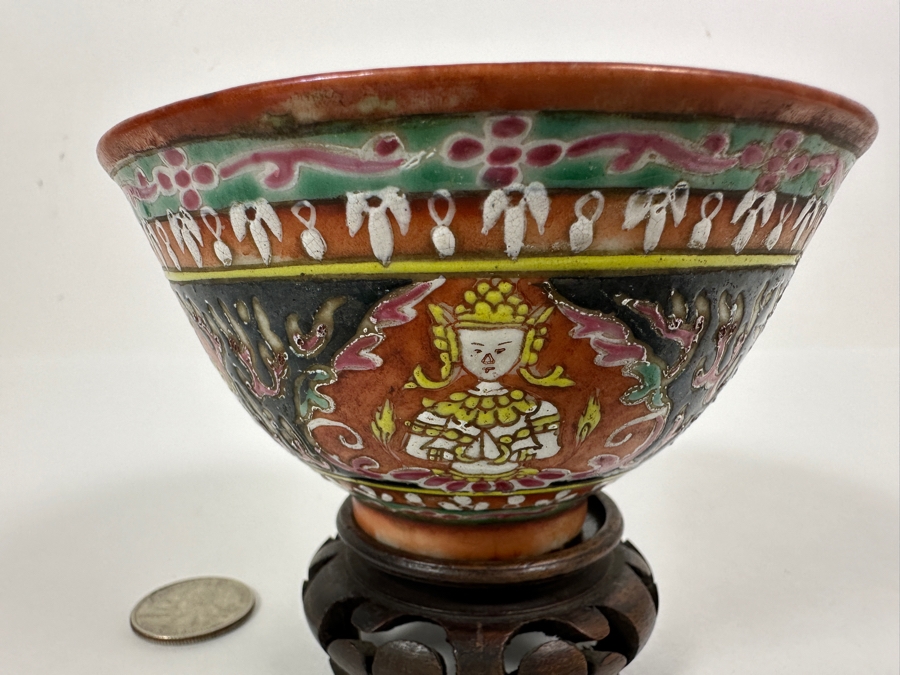 Antique Chinese Hand Painted Thai Benjarong Polychrome Porcelain Bowl With Wooden Stand 4.25W X 2.25H [Photo 7]