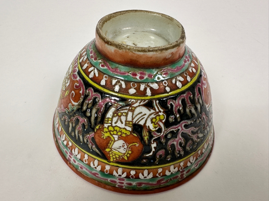 Antique Chinese Hand Painted Thai Benjarong Polychrome Porcelain Bowl With Wooden Stand 4.25W X 2.25H [Photo 10]
